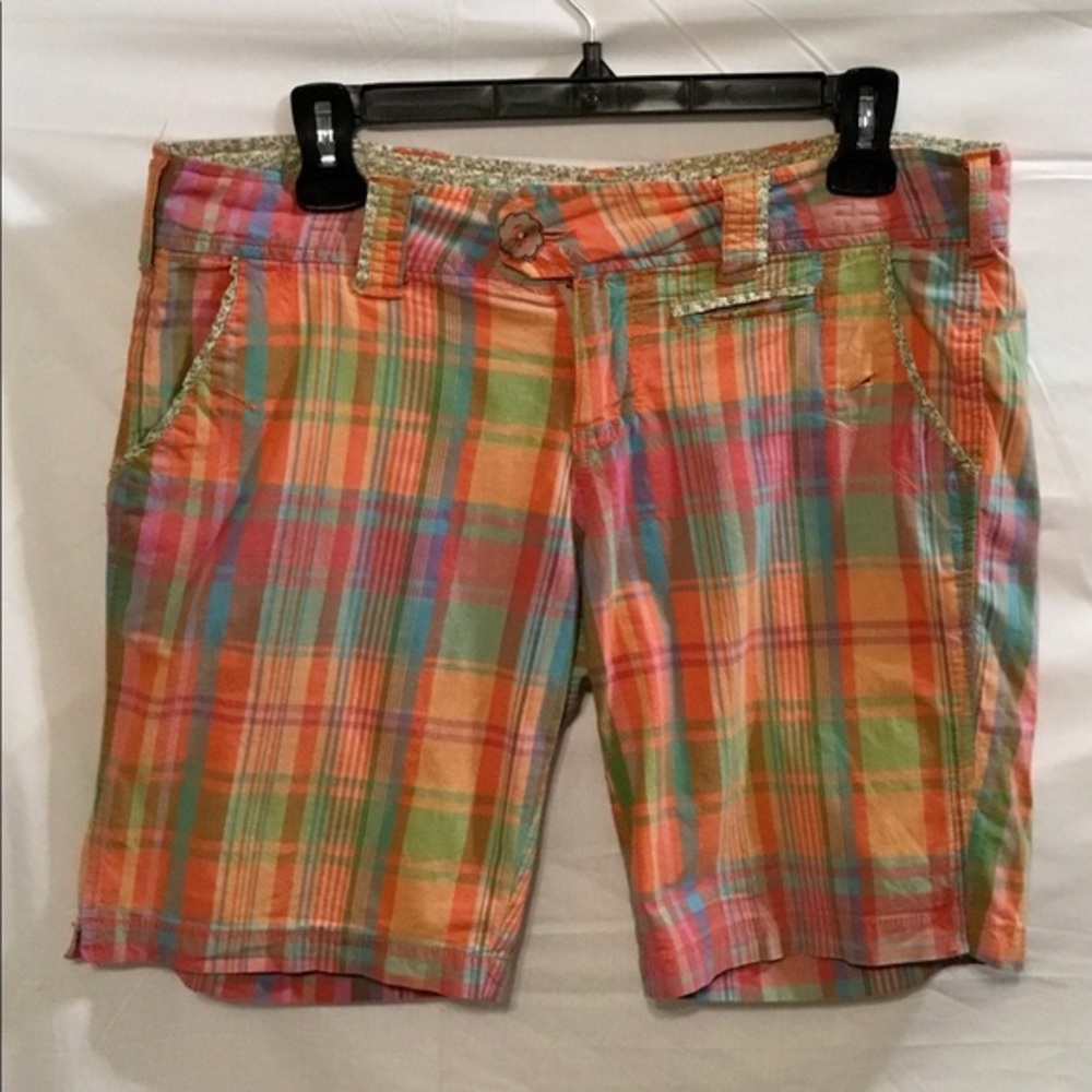 Fragile Orange Pink Plaid Cotton Shorts